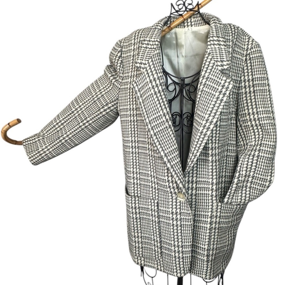 Vintage Adolfo Atelier Wool Blend Houndstooth Blazer Plaid Jacket Gray Sz 10